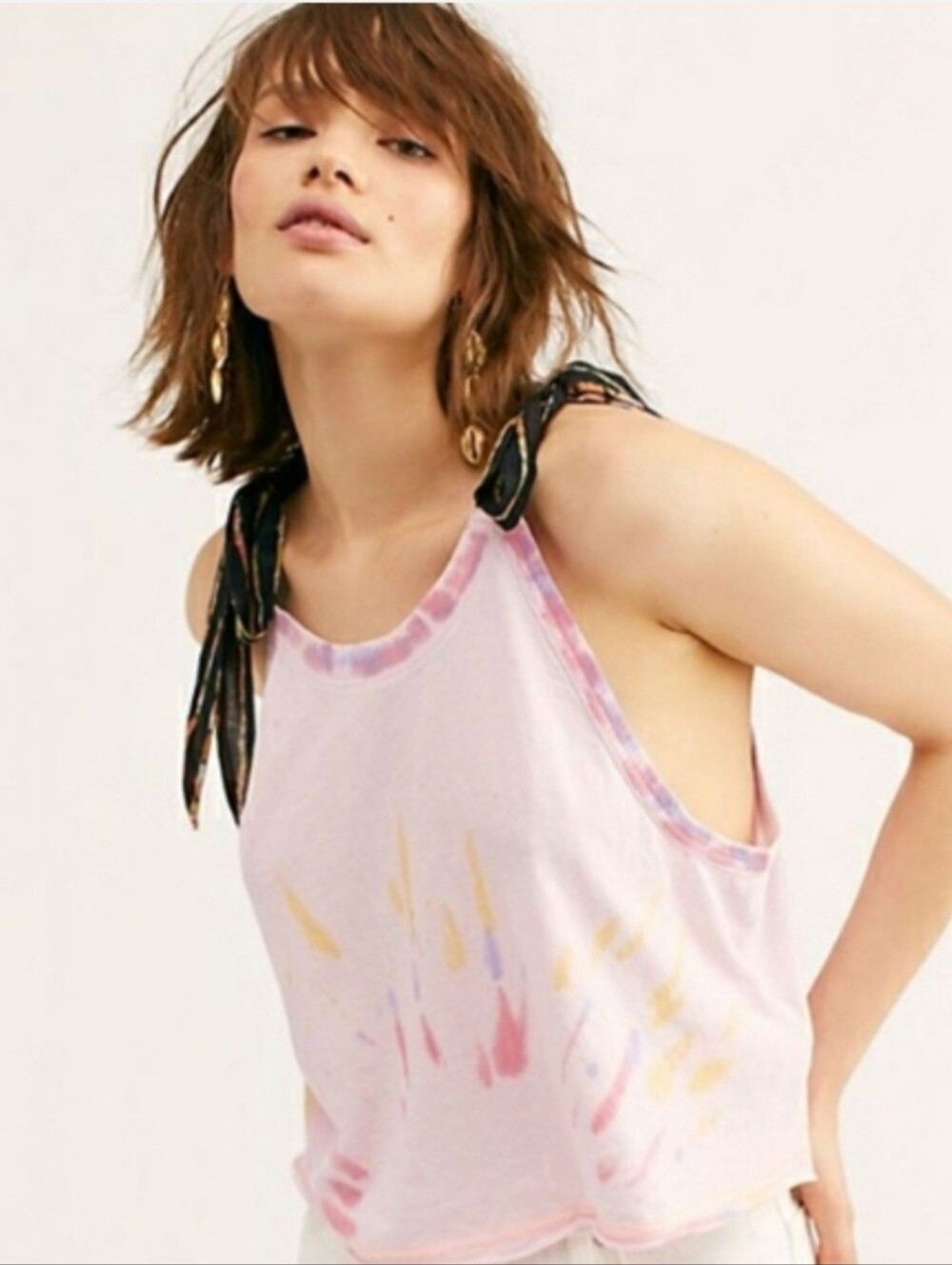 Free People Koa Tie-Dye Tank Top with Shoulder Tie Details Pink Light Large
